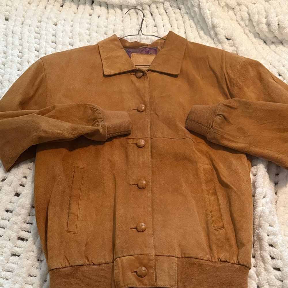 Vintage 80s 90s Hunt Club Tan Brown Suede Leather Women's Bomber Jacket Size M - Picture 3 of 12